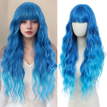 Picture of BUPPLER Cosplay Long Blue Wig 29 Inch Middle Part Synthetic Wig Realistic Gifts Party Wigs for Women Daily Use Colorful Wigs (Blue)