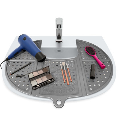 Picture of Sink Topper Foldable Sink Cover - Silicone Beauty Makeup Brush Cleaning Mat Hot Tools Organizer - for Extra Space & Storage Saver - Bathroom Must Have - Standard, Silver