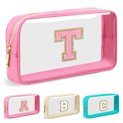 Picture of Personalized Initial Letter Clear Makeup Bag,Preppy Small Nylon&PVC Cosmetic Zipper Bag with Chenille Letter,Portable Beach Travel Skincare Toiletry Bag,Trendy Monogram Gift for Teen Girls Women,T