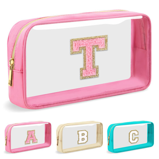 Picture of Personalized Initial Letter Clear Makeup Bag,Preppy Small Nylon&PVC Cosmetic Zipper Bag with Chenille Letter,Portable Beach Travel Skincare Toiletry Bag,Trendy Monogram Gift for Teen Girls Women,T