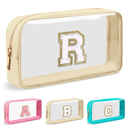 Picture of Personalized Initial Letter Clear Makeup Bag,Preppy Small Nylon&PVC Cosmetic Zipper Bag with Chenille Letter,Portable Beach Travel Skincare Toiletry Bag,Trendy Monogram Gift for Teen Girls Women,R