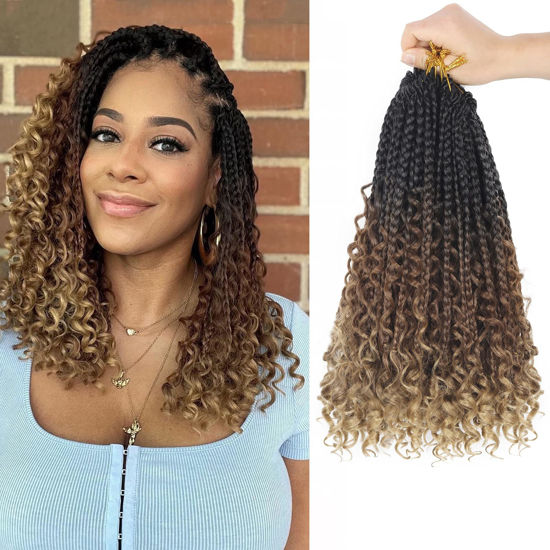 Picture of Goddess Box Braids Crochet Hair With Curly Ends 14 Inch Bohomian Box Braids Crochet Braids 8 Packs 3X Crochet Braids Synthetic Braiding Hair Extension for Black Women (14 Inch (Pack of 8), M1B 30 27)