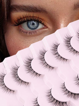 Picture of Natural Lashes Wispy Cat Eye Lashes 12mm False Eyelashes Natural Look Strip Lashes Thin Cotton Band Soft Eyelashes 3D Volume Lashes Pack C Curl Siligli Eyelashes 7 Pair