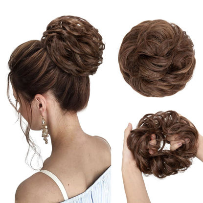 Picture of CJL HAIR Large Messy Bun Hair Piece Wavy Curly Scrunchies Synthetic Chignon Ponytail Hair Extensions Thick Updo Hairpieces for Women Chocolate Multi