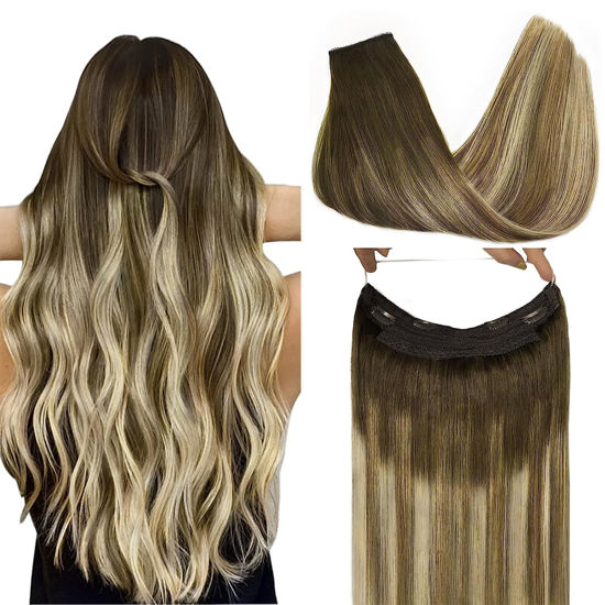 Picture of GOO GOO Wire Hair Extensions Human Hair, 3/8/613 Walnut Brown with Ash Brown and Bleach Blonde Balayage 20inch 110g, Invisible Wire Hair Extensions with Transparent, Seamless Fish Line Hairpiece