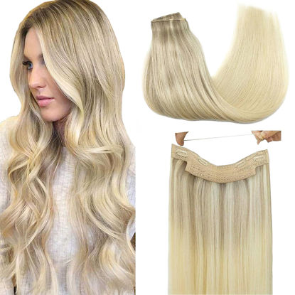 Picture of GOO GOO Wire Hair Extensions Human Hair, 17/22/60 Ash Blonde with Golden Blonde and Platinum Blonde Balayage 20inch 110g, Invisible Wire Hair Extensions with Transparent, Seamless Fish Line Hairpiece