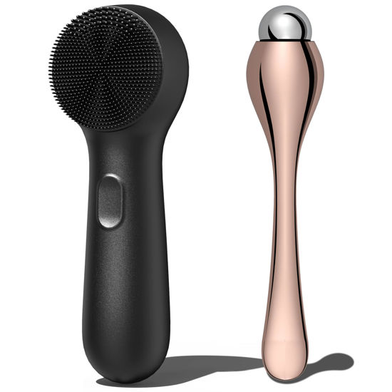 Picture of NågraCoola CLIE Silicone Face Scrubber, Facial Cleansing Brush, Rechargeable, Waterproof Face Scrub Brush for Deep Cleansing, Exfoliating, Massage, with Eye Roller, for Women and Men-Black