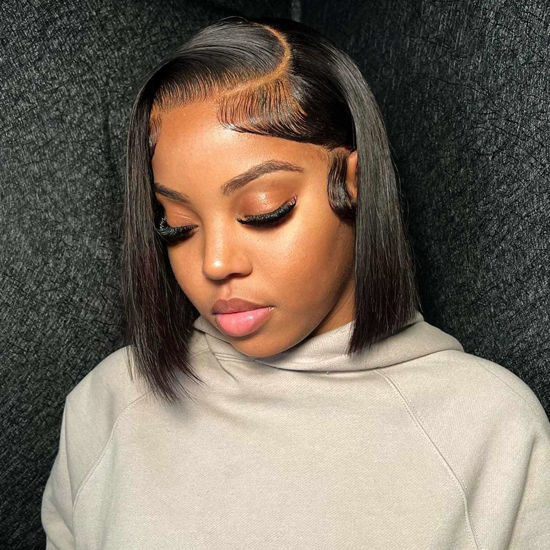 Picture of HIRIREMY Bob Wig Human Hair 13x4 HD Frontal Lace Wigs for Black Women Human Hair Glueless Short Straight Bob Lace Front Wigs Human Hair Pre Plucked with Baby Hair 180% Density 10 Inch