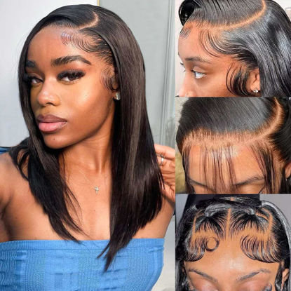 Picture of HIRIREMY Bob Wig Human Hair 13x4 Frontal Lace Wig Short Straight HD Lace Front Bob Wigs for Black Women Human Hair Glueless Pre Plucked Hairline with Baby Hair 180% Density 16 Inch