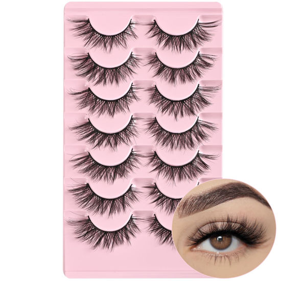 Picture of FARRED Cat Eye Lashes Wispy Fake Eyelashes Short 7 Pairs Natural Strip Lash Fluffy Mink Fox Eye Lashes Pack Small Full pestañas (A10 | 8-14MM)