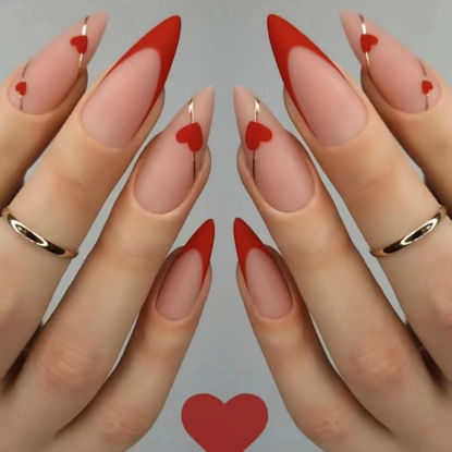 Picture of Red French Tip Press on Nails Heart Fake Nails Medium Stiletto False Nails with Line Design Love Glue on Nails Glossy Acrylic Full Cover Nude Pink Stick on Nails for Women Valentine's Day Manicure