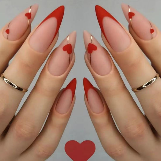 Picture of Red French Tip Press on Nails Heart Fake Nails Medium Stiletto False Nails with Line Design Love Glue on Nails Glossy Acrylic Full Cover Nude Pink Stick on Nails for Women Valentine's Day Manicure