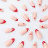 Picture of Red French Tip Press on Nails Heart Fake Nails Medium Stiletto False Nails with Line Design Love Glue on Nails Glossy Acrylic Full Cover Nude Pink Stick on Nails for Women Valentine's Day Manicure