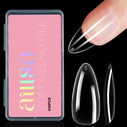 Picture of AILLSA Medium Almond Nail Tips Soft Gel Clear Nail Tips Preshaped Full Cover Nail Tips False Gelly Nail Tips for Nails Extension with Storage Box 216pcs 12 Sizes
