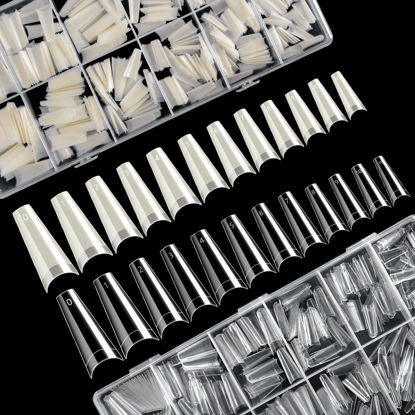 Picture of krofaue 1200PCS Coffin Nail Tips - Half Cover Nail Tips 12 Size False Nail Tips for Acrylic Nails Professional Manicure with Box for Artificial Fake Nail Tip Art Salon Home (Clear & Natural)