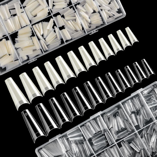 Picture of krofaue 1200PCS Coffin Nail Tips - Half Cover Nail Tips 12 Size False Nail Tips for Acrylic Nails Professional Manicure with Box for Artificial Fake Nail Tip Art Salon Home (Clear & Natural)