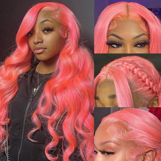 Picture of 30 Inch Pink Lace Front Wig Human Hair Pre Plucked 13x4 Colored Pink Human Hair Lace Front Wigs Body Wave Hot Pink Wig Human Hair 180% Density Transparent HD Lace Frontal Wigs Human Hair For Women
