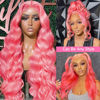 Picture of 30 Inch Pink Lace Front Wig Human Hair Pre Plucked 13x4 Colored Pink Human Hair Lace Front Wigs Body Wave Hot Pink Wig Human Hair 180% Density Transparent HD Lace Frontal Wigs Human Hair For Women
