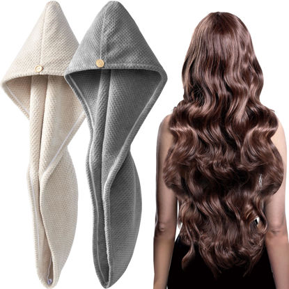 Picture of YFONG 2 Pack Large Microfiber Hair Towel Wrap for Women, Thicken Super Absorbent Quick Dry Hair Turban for Drying Curly Long Thick Hair Anti Frizz, Hair Drying Towel with Button for Wet Hair