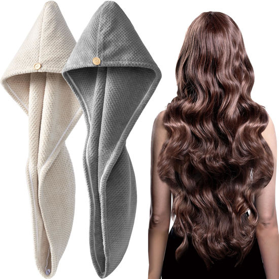 Picture of YFONG 2 Pack Large Microfiber Hair Towel Wrap for Women, Thicken Super Absorbent Quick Dry Hair Turban for Drying Curly Long Thick Hair Anti Frizz, Hair Drying Towel with Button for Wet Hair