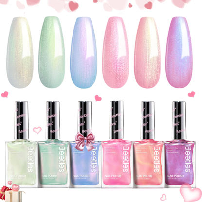 Picture of Beetles Pearl Nail Polish Set Mermaid Glow, 6 Colors Shimmer Pearl Pink Purple Mermaid Nail Polish 15ml Quick Dry Nail Polish Long Lasting DIY Manicure Gift for Girls Women Nail Strengthener Polish