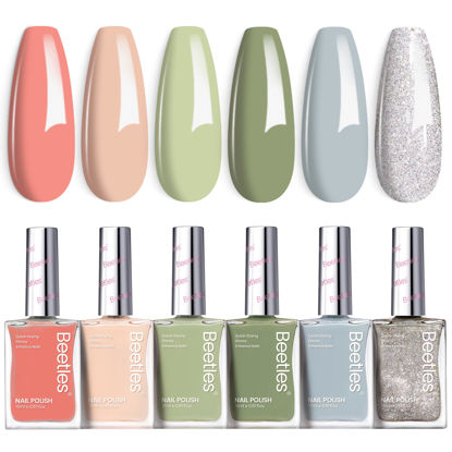 Picture of Beetles Nail Polish Set P176, 6 Colors 15ml Glitter Green Nude Natrual Pink Nail Lacquer Fast Drying & Long Lasting Finger Nail Polish Glitter Effect for DIY Nail Art Salon at Home Gifts for Women