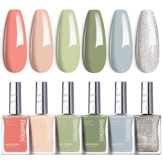 Picture of Beetles Nail Polish Set P176, 6 Colors 15ml Glitter Green Nude Natrual Pink Nail Lacquer Fast Drying & Long Lasting Finger Nail Polish Glitter Effect for DIY Nail Art Salon at Home Gifts for Women
