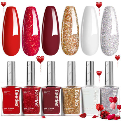 Picture of Beetles Red Nail Polish: 6Pcs Glitter Burgundy Red Sparkle Nail Polish Set Nail Polish, Quick Dry & Long Lasting Brilliant Overture White Silver Diy Nail Art Design Valentine's Day Gifts for Women