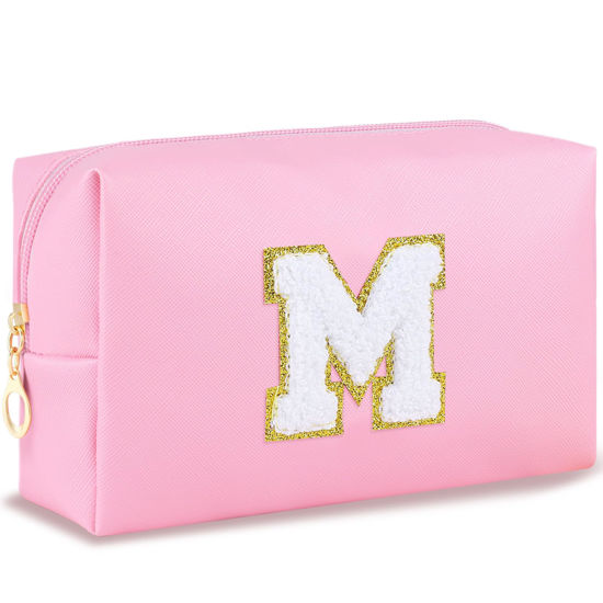 Picture of URSKYTOUS Gifts for Girls Initial Makeup Bag Personalized Cosmetic Bag with Zipper Cute Travel Toiletry Bag Waterproof PU Preppy Makeup Pouch Birthday Gift for Teen Girls Women(Pink M)