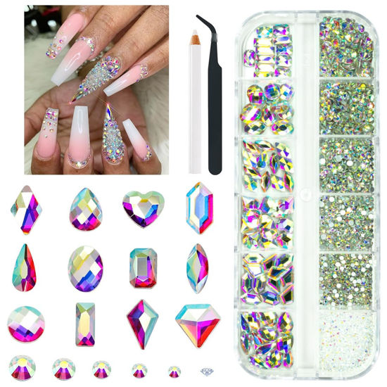 Picture of qiipii 2052Pcs Crystal AB Nail Rhinestones AB Crystal Nail Charms 72 Multi Shapes Flatback Rhinestones Big Nail Art Gems +1980 Round Beads K9 Glass Stones Diamonds Jewels for Nails Faces Eyes Makeup