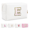 Picture of Small Initial Patch Makeup Bag Personalized Gifts Make Up Bag,White Cute PU Leather Glitter Letter Cosmetic Bag with Zipper,Trendy Portable Travel Toiletry Pouch,Preppy Stuff for Teen Girls Women E