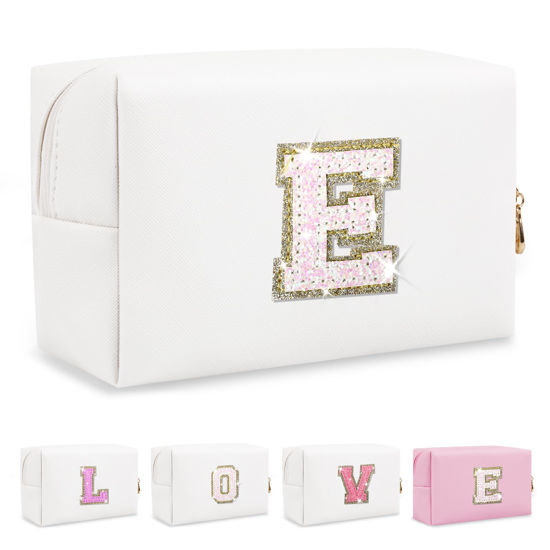 Picture of Small Initial Patch Makeup Bag Personalized Gifts Make Up Bag,White Cute PU Leather Glitter Letter Cosmetic Bag with Zipper,Trendy Portable Travel Toiletry Pouch,Preppy Stuff for Teen Girls Women E
