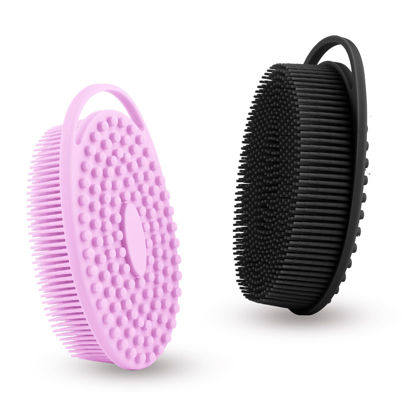 Picture of Soft Silicone Body Shower， Exfoliating Silicone Body Scrubber, Silicone Loofah 2 in 1 Bath and Shampoo Brush, Body Scrubber Shower Easy to Clean for Sensitive Skin, Lather Well 2 PCS Black and Purple