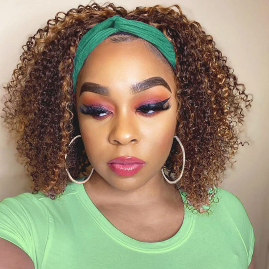 Picture of Celiarita Highlight Ombre Headband Wig Deep Wave Human Hair Wigs #4/27 Glueless 150% Density None Lace Front Machine Made Brazilian Virgin Deep Curly Human Hair Half Wigs for Black Women 10 Inch