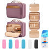 Picture of Travel Hanging Toiletry Bag for Women, Large Makeup Bag 8 Leak Proofing Silicone Bottle Covers, Waterproof Cosmetic Bag with Jewelry Organizer Compartment, Toiletries Kit Set, Purple