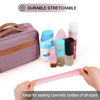 Picture of Travel Hanging Toiletry Bag for Women, Large Makeup Bag 8 Leak Proofing Silicone Bottle Covers, Waterproof Cosmetic Bag with Jewelry Organizer Compartment, Toiletries Kit Set, Purple
