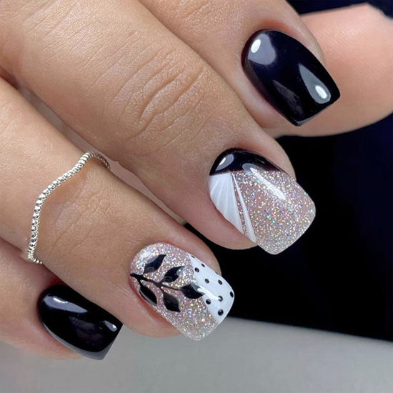 Picture of Square Press on Nails Short Fake Nails Black & White French Tip Acrylic Nails Press ons with Black Leaves and Polka Dots Designs Glitter Full Cover Glossy Stick on Nails for Women 24Pcs