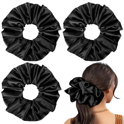 Picture of 9.5 inch Silk Scrunchies Oversized Scrunchie Jumbo Scrunchies Giant Silk Scrunchie Extra Large Satin Scrunchies Thick Elastic Fluffy Hair Ties for Women and Girls 3 Pack (Black, Black, Black)