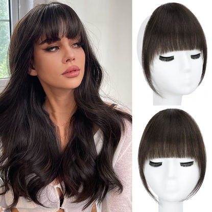Picture of Lommel Clip in Bangs 100% Real Human French Clip on Bangs Dark Brown Bangs Hair Clip for women Fake Bangs Clip in Hair pieces with Hair Roller for Daily Wear(Dark Brown)