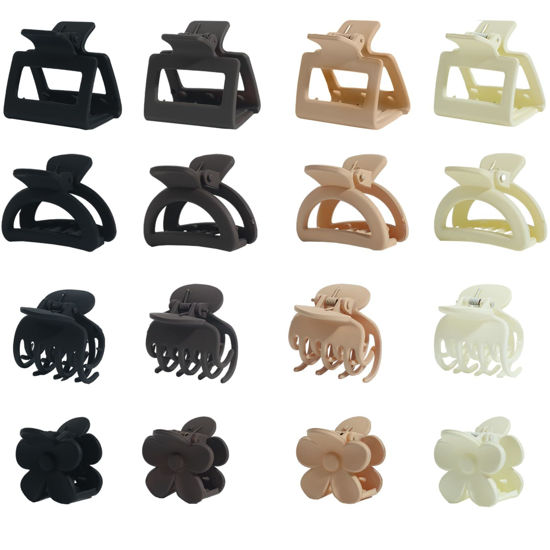Picture of Drnytunk Hair Clip Set, 16Pcs Medium Claw Clips for Women Girls, Matte Rectangle Double Row Teeth Flower Semicircle Small Clips for Thin/Medium Thick Hair, Nonslip Clips (Beige, Khaki, Brown, Black)