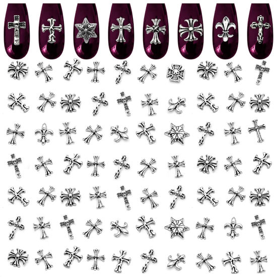 Picture of 100 Pcs Cross Nail Charms and Gems - Nail Cross Charms for Nails Design Silver Nail Charms Y2k Nail Gems for Nails 3d Nail Charms Bulk Nail Jewels - Nail Art Charms Nails With Charms Cross Nail Charm