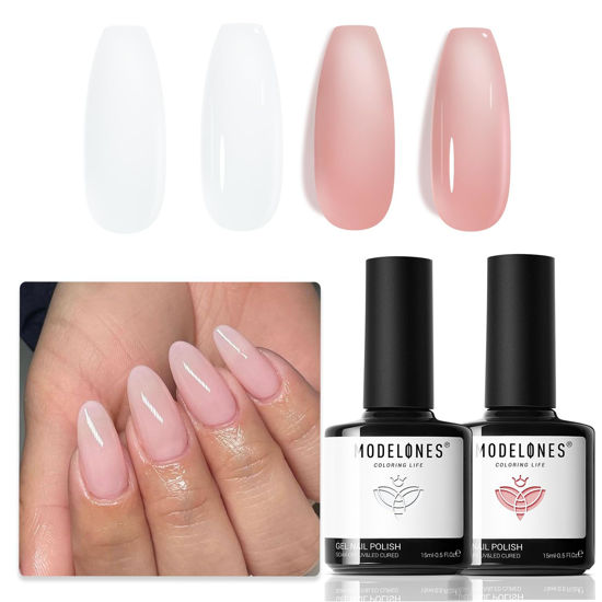 Picture of modelones Gel Nail Polish Set 2 Colors White Nude Pink Jelly Gel Polish Jelly Milky White Translucent Soak Off UV Clean Gel Polish Set For Nail Art DIY French Manicure At Home For Women Girls