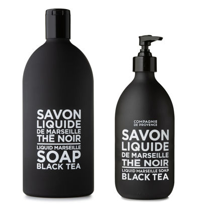 Picture of Compagnie de Provence Savon de Marseille Extra Pure Liquid Soap - Black Tea - 16.9 Fl Oz Glass Pump Bottle and 33.8 fl oz Plastic Bottle Refill