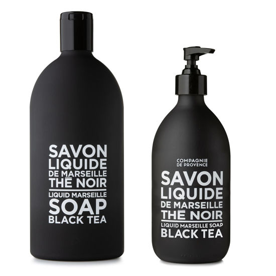 Picture of Compagnie de Provence Savon de Marseille Extra Pure Liquid Soap - Black Tea - 16.9 Fl Oz Glass Pump Bottle and 33.8 fl oz Plastic Bottle Refill