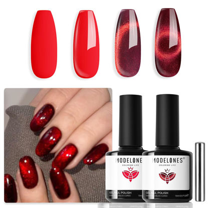 Picture of modelones Red Gel Nail Polish Set 2 Colors Red Glitter Cat Eye Gel Polish Fall Winter Colors Shimmer Burgundy Red Gel Polish Soak Off LED Nail Art Gel Nail Kit Manicure Salon DIY Nails Gift For Women