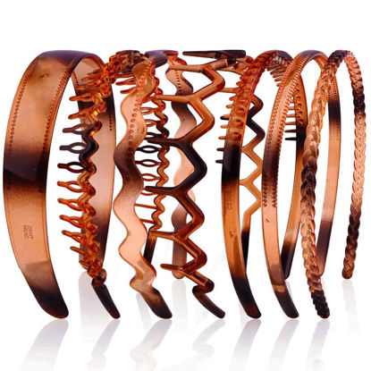 Picture of AHONEY 7 Pack Brown Headbands for Women Mens Plastic Headbands with Teeth Non Slip Hairbands for Women's Hair Accessories Comb Headband Diademas Para Mujer (Amber)