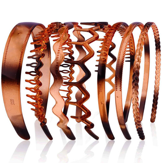 Picture of AHONEY 7 Pack Brown Headbands for Women Mens Plastic Headbands with Teeth Non Slip Hairbands for Women's Hair Accessories Comb Headband Diademas Para Mujer (Amber)