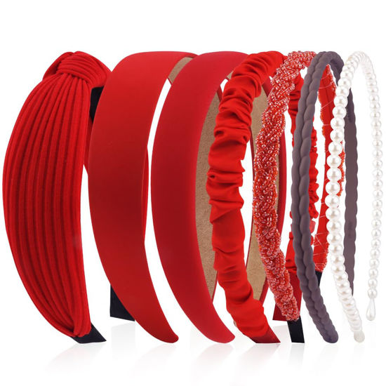 Picture of AHONEY 7 Pack Red Headbands for Women Christmas Headbands Trendy Non Slip Hairbands Cute Hair Accessories Multi-style Headband Pack (Redl)