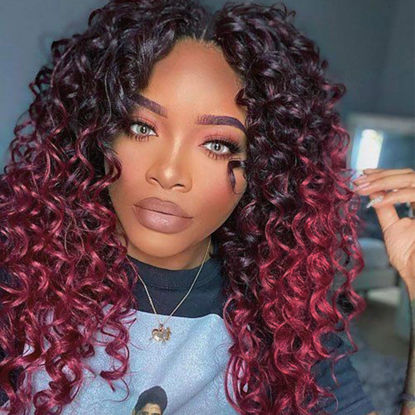 Picture of 7 Packs GoGo Curl Crochet Hair 12 Inch Red Burgundy Short Curly Crochet Hair for Women Beach Curl Water Wave Deep Twist Crochet Braids Synthetic Braiding Hair Extensions(12 Inch, T1B/BUG)