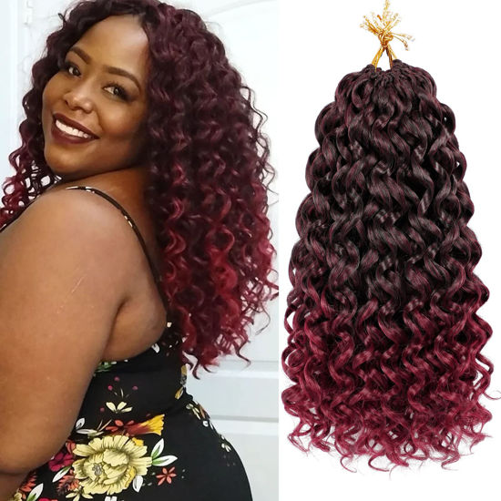 Picture of 7 Packs GoGo Curl Crochet Hair 14 Inch Red Burgundy Short Curly Crochet Hair for Women Beach Curl Water Wave Deep Twist Crochet Braids Synthetic Braiding Hair Extensions(14 Inch, T1B/BUG)